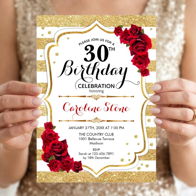 Invitation Anniversaire 30 Ans Or Blanc Rayures Ro (Créateur téléchargé)