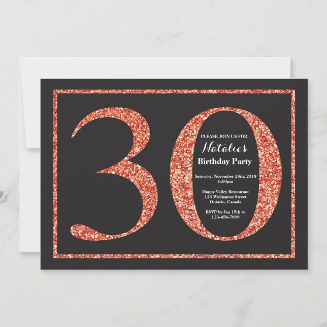 Invitation Anniversaire 30 ans Orange Paillettes T (Devant)