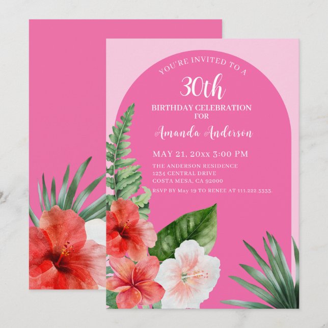 Invitation Anniversaire 30 ans Pink Hawaiian  (Devant / Derrière)