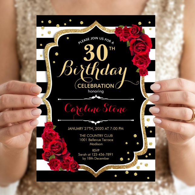 Invitation Anniversaire 30 Ans Rayures Noires et B (Créateur téléchargé)