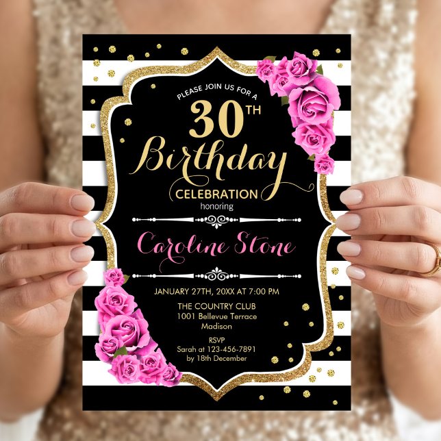 Invitation Anniversaire 30 Ans Rayures Roses Noire (Créateur téléchargé)
