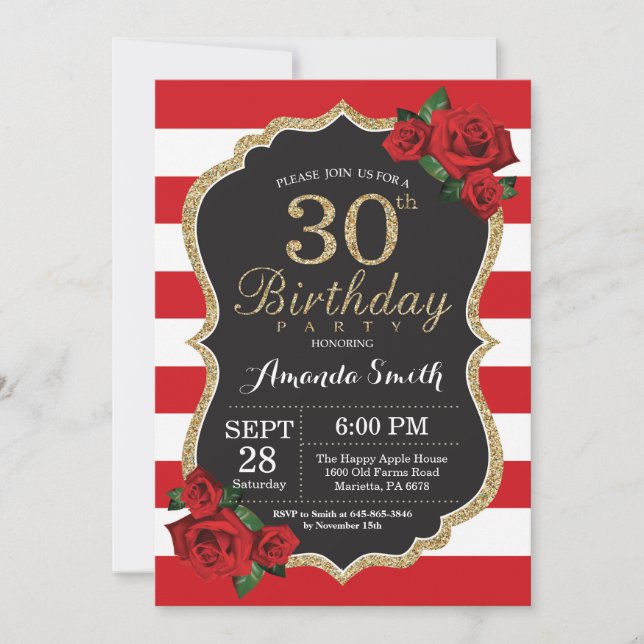 Invitation Anniversaire 30 ans Rose Rouge Paillett (Devant)