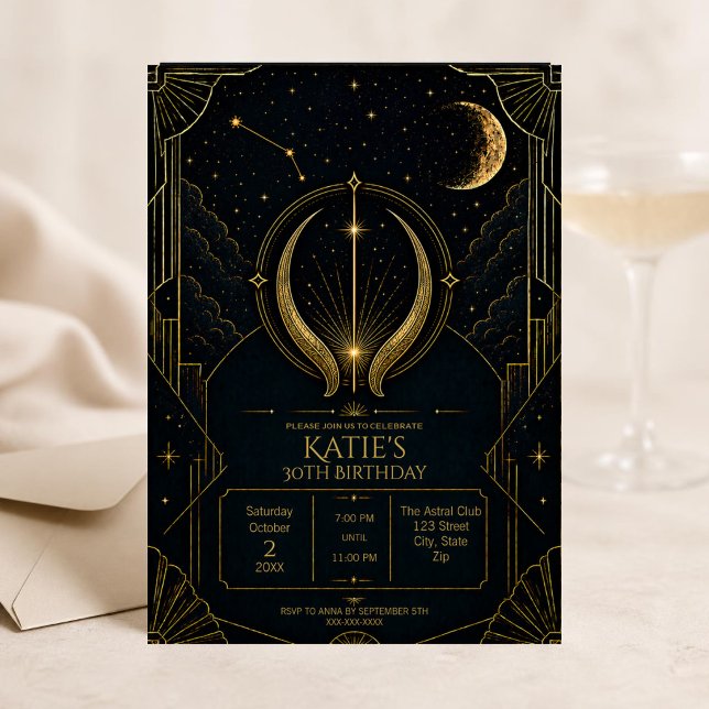 Invitation Anniversaire 30 ans Taureau Dark Art Déco (Dark Art Deco Taurus zodiac 30th birthday invitation featuring celestial details, vintage-inspired)