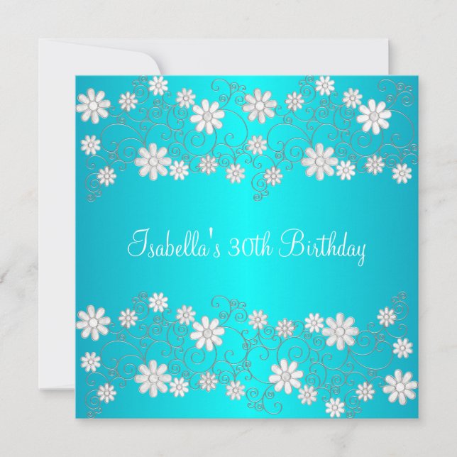 Invitation Anniversaire 30 ans Turquoise & Fleurs Blanches (Devant)