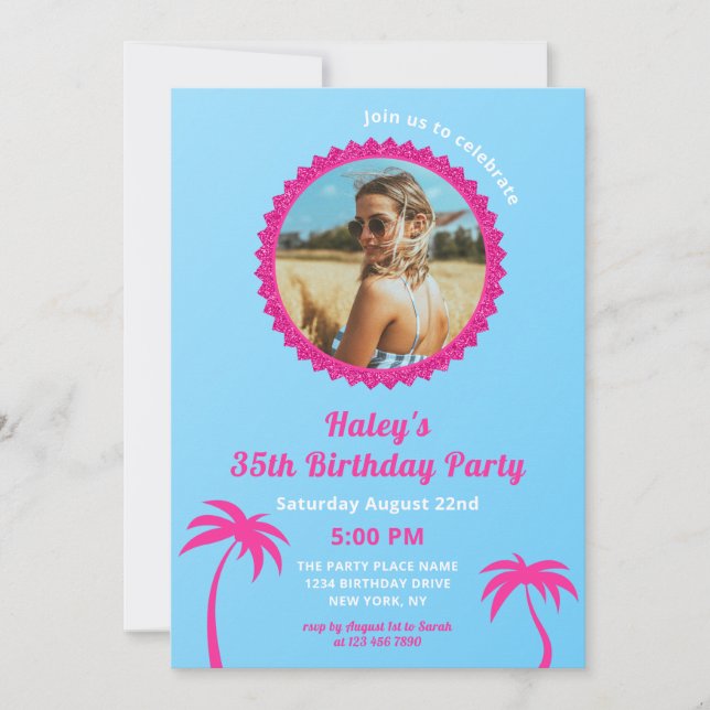 Invitation Anniversaire 35 ans photo moderne rose chaud et bl (Devant)