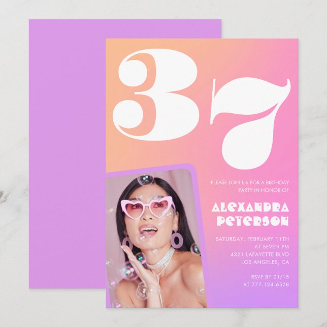 Invitation anniversaire 37 ans dégradé rose Photo  (Devant / Derrière)