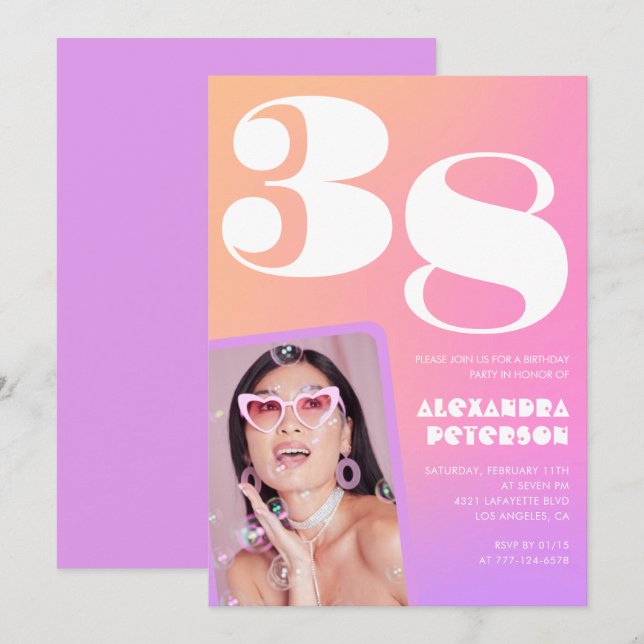 Invitation anniversaire 38 ans dégradé rose Photo  (Devant / Derrière)