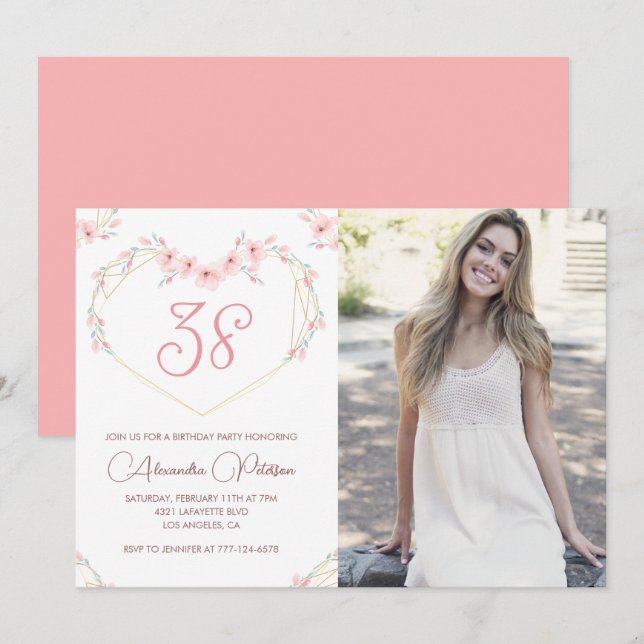 Invitation anniversaire 38 ans photo florale boho  (Devant / Derrière)