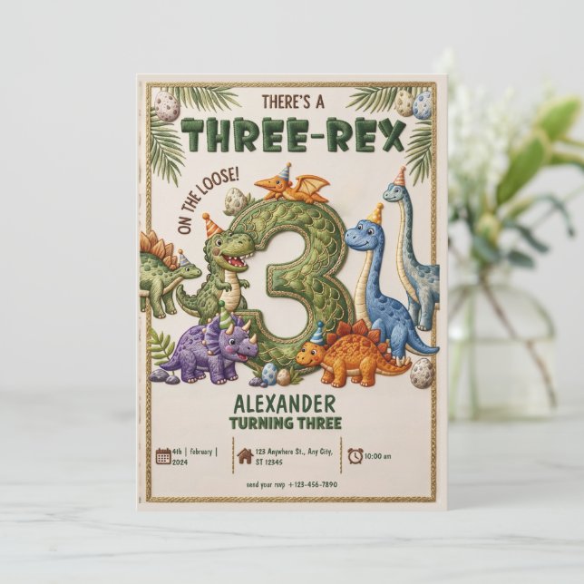Invitation Anniversaire 3 ans de dinosaure Trois-Rex Party 3è (Debout devant)