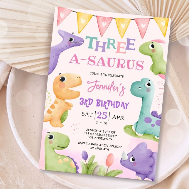Invitation anniversaire 3 ans dinosaure mignon (Créateur téléchargé)