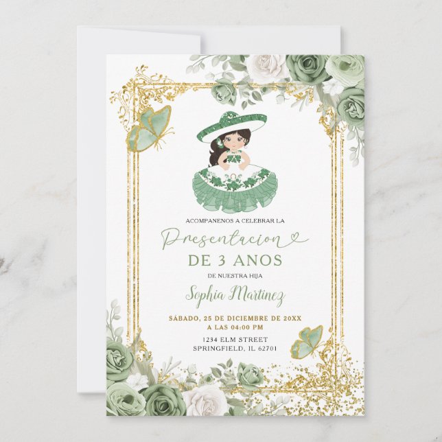 Invitation Anniversaire 3 ans fille espagnole vert sauge or (Devant)