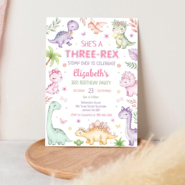 Invitation Anniversaire 3 ans fille trois rex dinosaure paste (Créateur téléchargé)