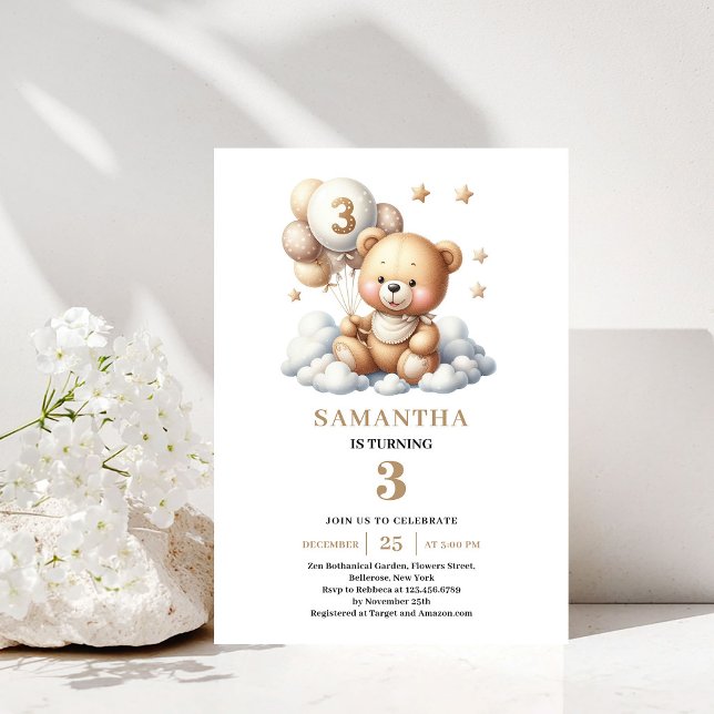 Invitation Anniversaire 3 Ans Ourson Mignon Ballon (Cute 3rd Birthday Invite Teddy Bear Gold Balloons)