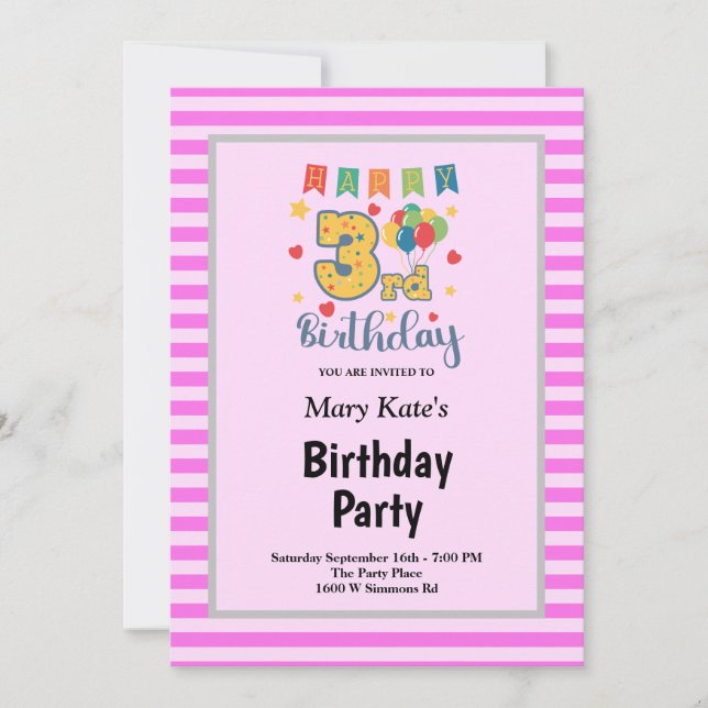 Invitation anniversaire 3 ans thème rayures roses (Devant)