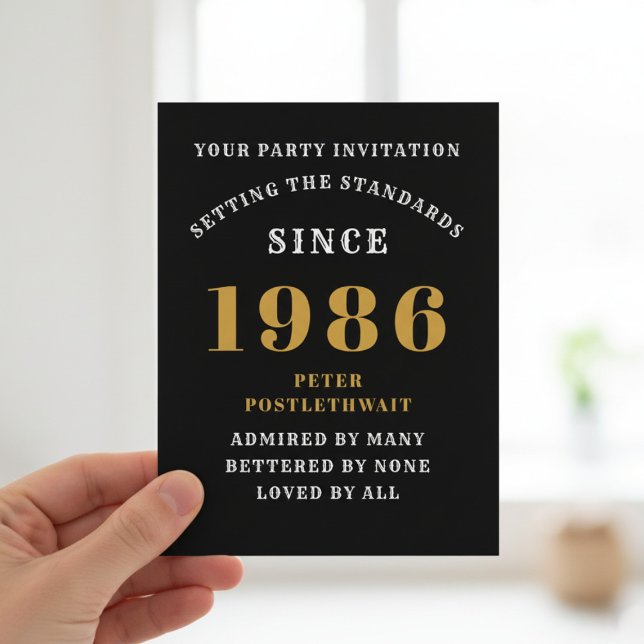 Invitation Anniversaire 40 ans 1986 Noir Or (1986 birthday invitation. Blurred background.)