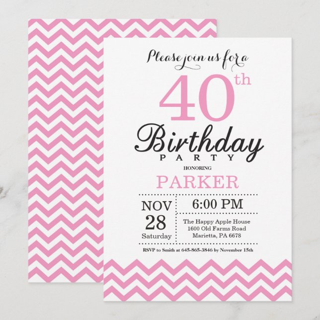Invitation Anniversaire 40 ans Chevron Rose (Devant / Derrière)