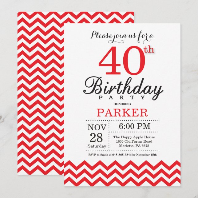 Invitation Anniversaire 40 ans Chevron Rouge (Devant / Derrière)