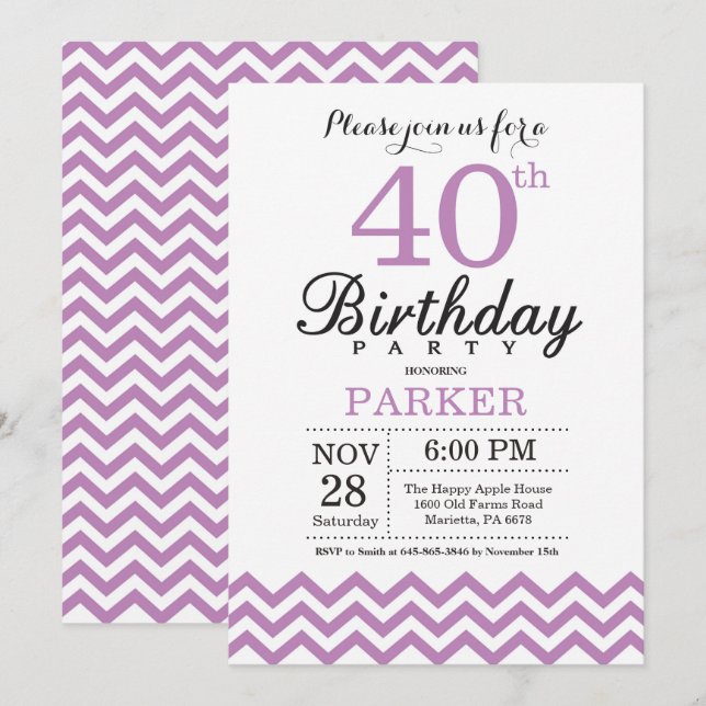 Invitation Anniversaire 40 ans Chevron Violet (Devant / Derrière)