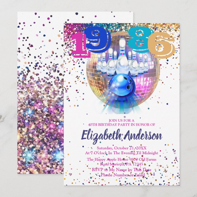 Invitation Anniversaire 40 ans Colorée Disco Bowli (Devant / Derrière)