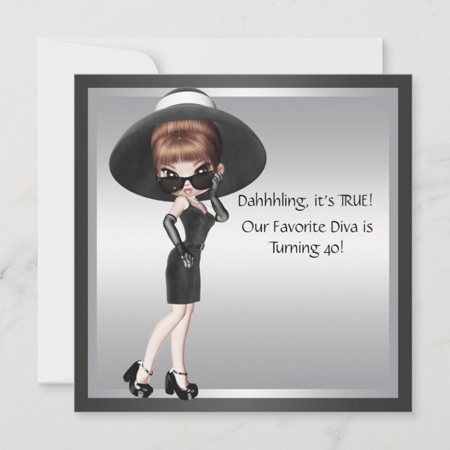 Invitation anniversaire 40 ans femme diva noir amu (Devant)