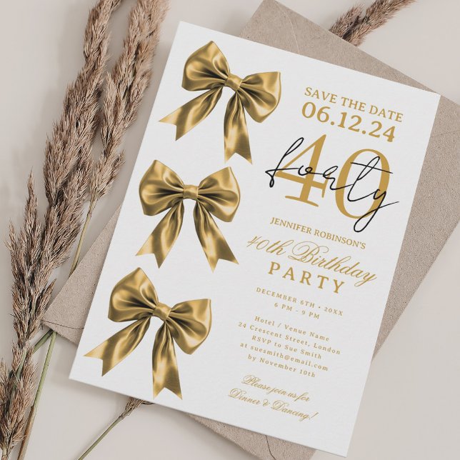 Invitation Anniversaire 40 ans Fête Ruban Coquette (Gold Coquette Bow Save Date 40th Birthday Party Invitation)