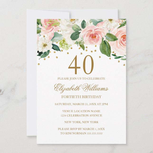 Invitation Anniversaire 40 Ans Fleurie Aquarelle O (Devant)