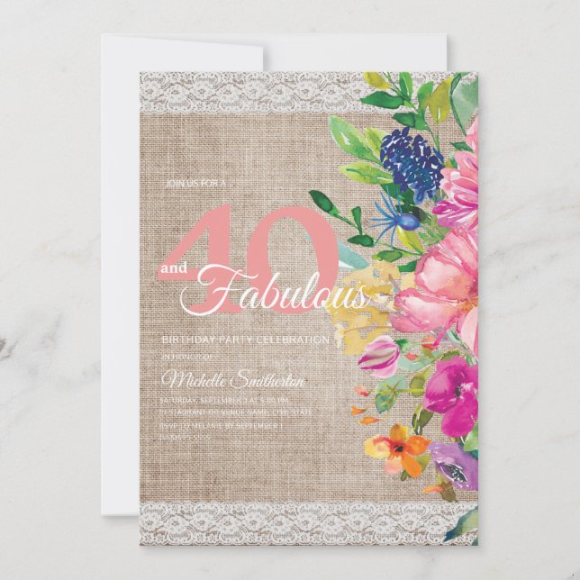 Invitation Anniversaire 40 ans Floral Rustique Toile Lin Lace (Devant)