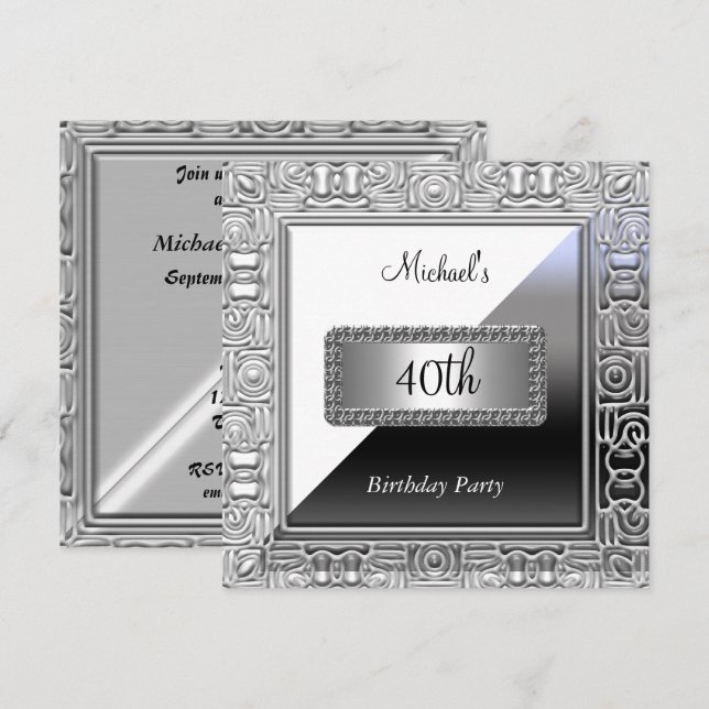 Invitation anniversaire 40 ans homme Blanc Argent (Devant / Derrière)