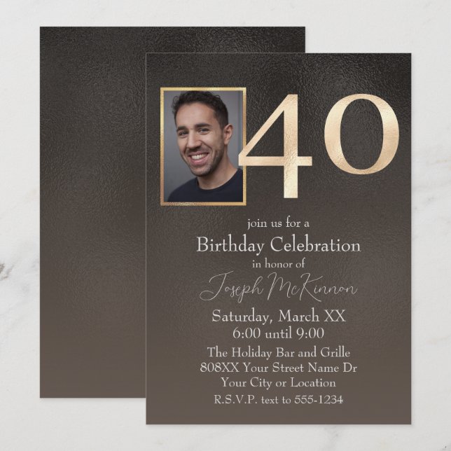 Invitation Anniversaire 40 ans Homme Noir et Marron (Devant / Derrière)