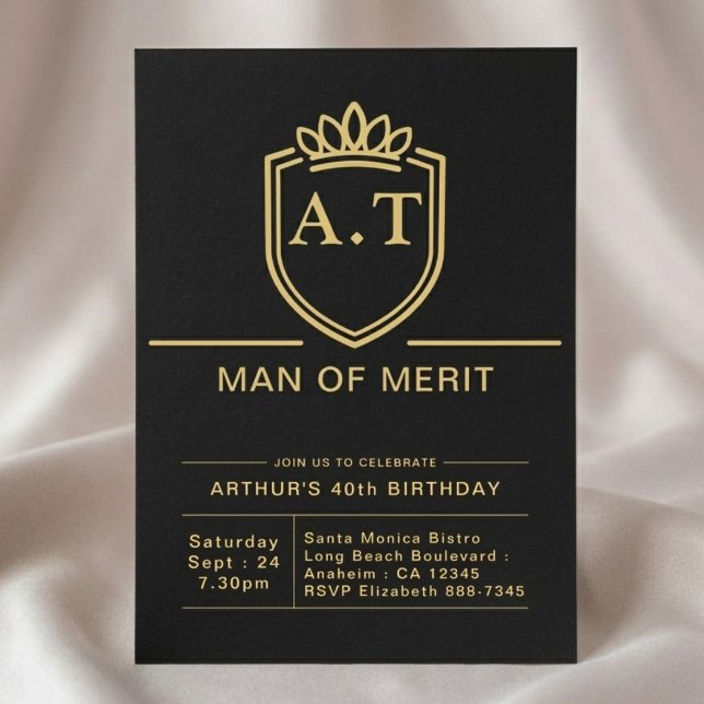 Invitation Anniversaire 40 ans Mari 40 Ans Fête Noir Or (40th birthday invite on cloth background.)