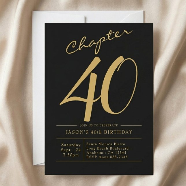 Invitation Anniversaire 40 ans Mari 40 Ans Fête Noir Or (Black And Gold 40th birthday invitation on light cloth background)