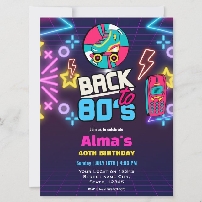 Invitation Anniversaire 40 ans néon Rétro 80s (Devant)