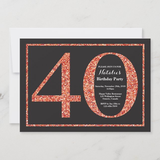 Invitation Anniversaire 40 ans Orange Paillettes T (Devant)