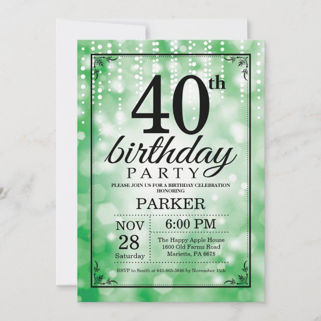 Invitation Anniversaire 40 Ans Paillettes Vertes (Devant)