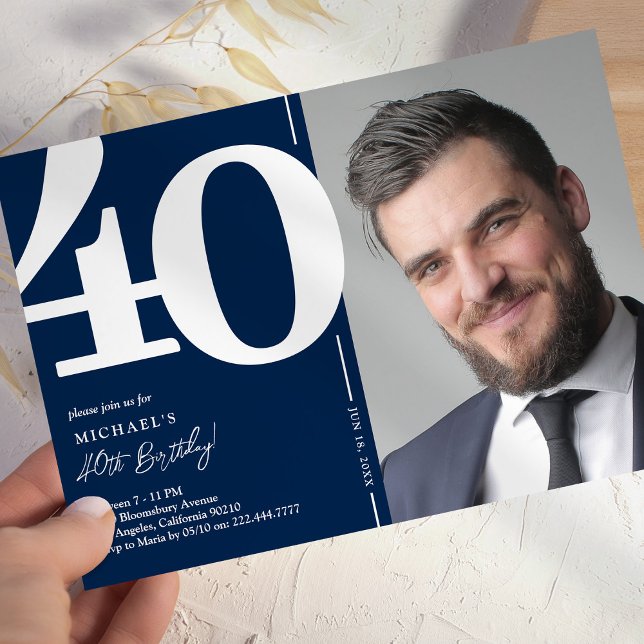 Invitation anniversaire 40 ans photo Navy Classiqu (Créateur téléchargé)