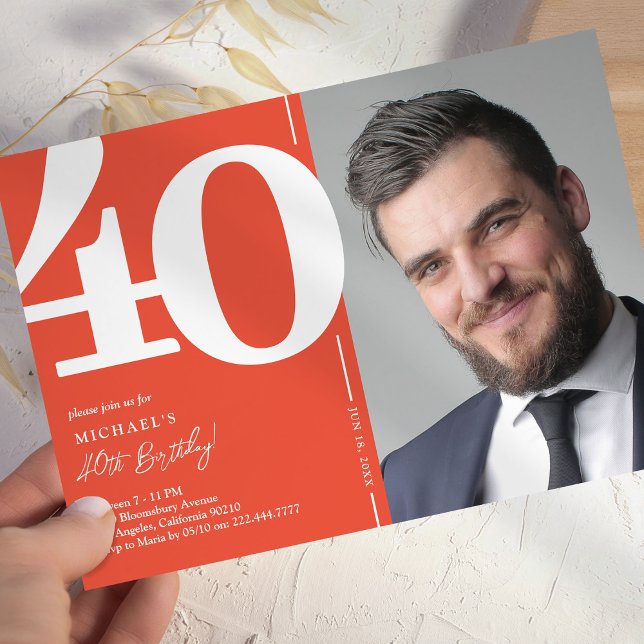 Invitation anniversaire 40 ans photo rouge moderne (Créateur téléchargé)