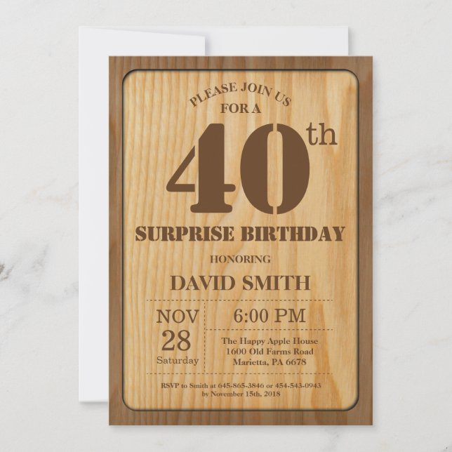 Invitation Anniversaire 40 ans Rustique en Bois (Devant)