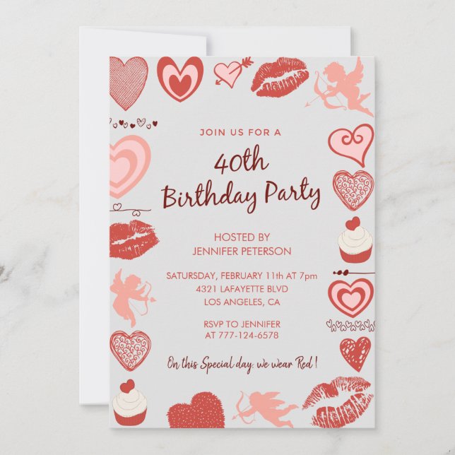 Invitation Anniversaire 40 ans Saint-Valentin Gris Ange migno (Devant)