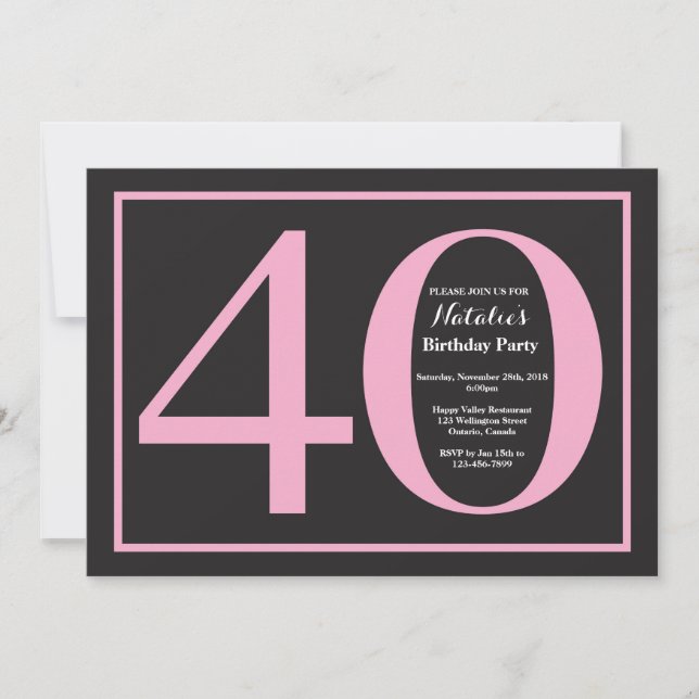 Invitation Anniversaire 40 ans Tableau Noir Rose et Noir (Devant)