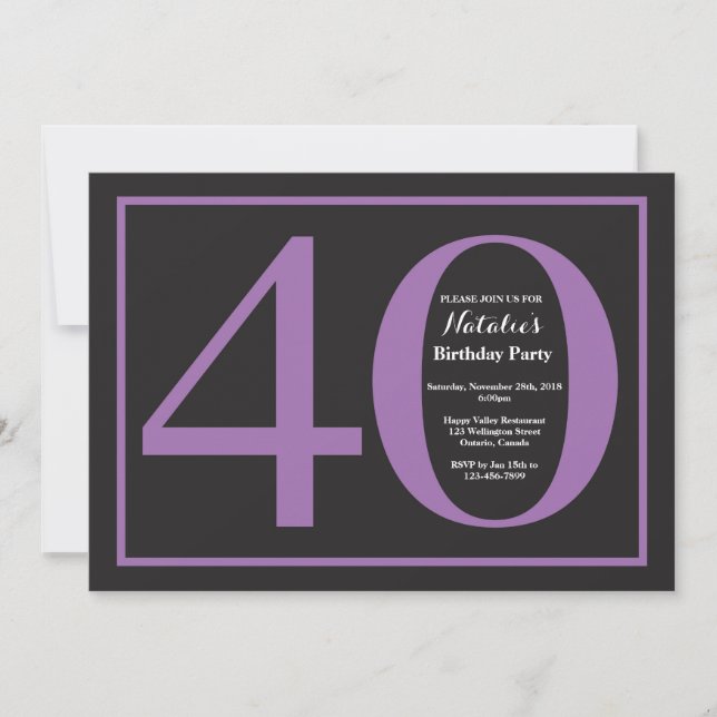 Invitation Anniversaire 40 ans Tableau noir Violet et Noir (Devant)
