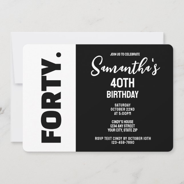 Invitation Anniversaire 40 ans tendance moderne noir et blanc (Devant)