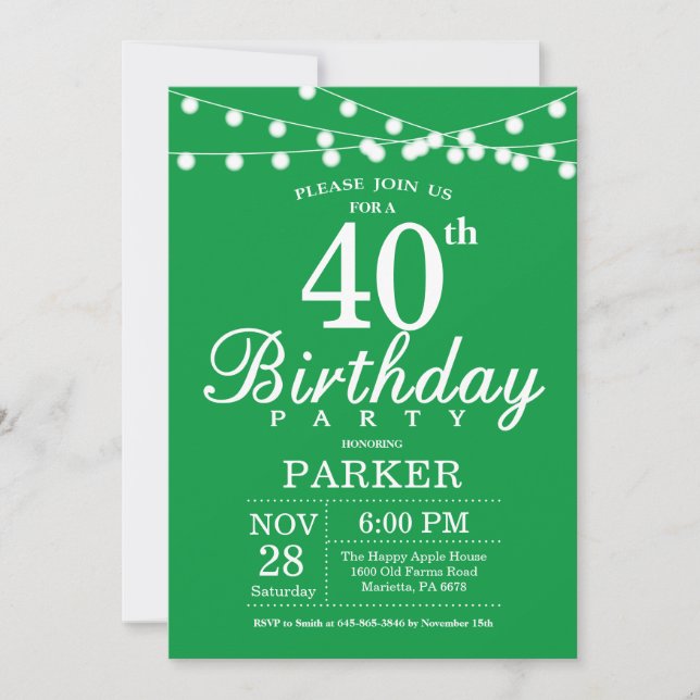 Invitation Anniversaire 40 ans Vert (Devant)