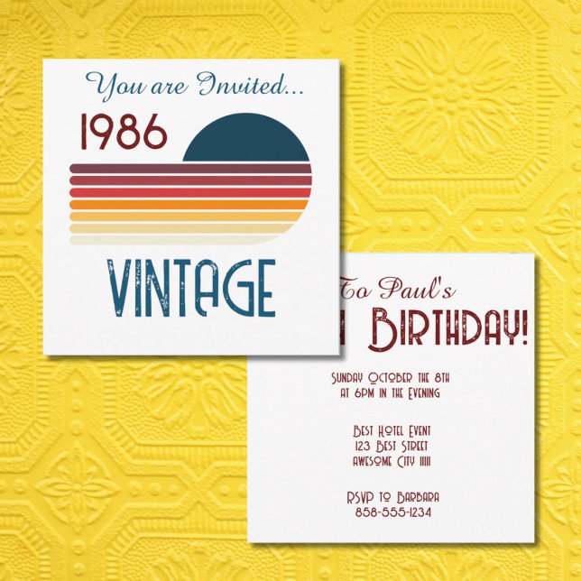 Invitation Anniversaire 40 ans Vintage 1986 Rayure Rétro Sole (Créateur téléchargé)
