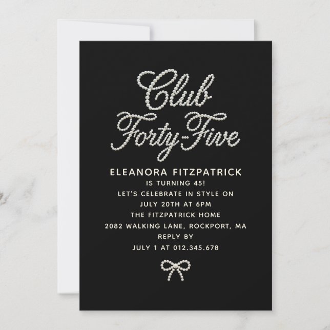 Invitation Anniversaire 45 ans Noir Blanc Perle Écriture Arc (Devant)