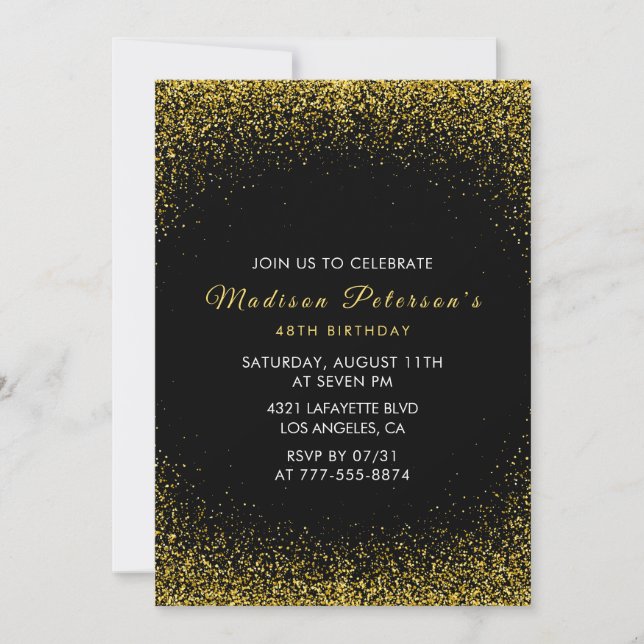 Invitation anniversaire 48 ans noir et or paillett (Devant)