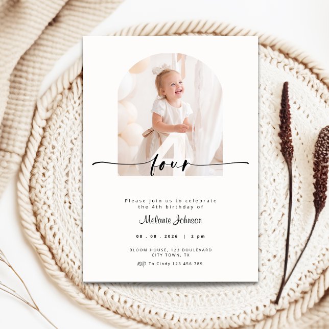 Invitation anniversaire 4 ans avec photo - Typogra (4th birthday invitation with photo and cream color background)
