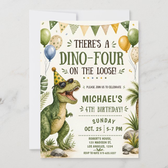 Invitation anniversaire 4 ans dinosaure drôle - Di (Devant)