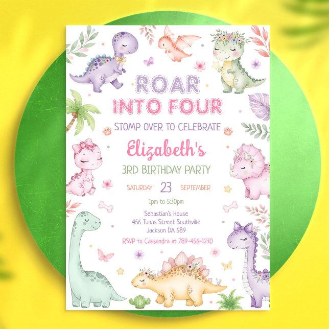 Invitation Anniversaire 4 Ans Fille Dinosaure Pastel Rugit Da (Créateur téléchargé)