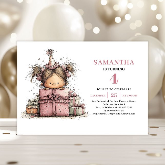 Invitation anniversaire 4 ans Funny Girl rose impr (Funny Girl 4th Birthday Invite Pink Printable)