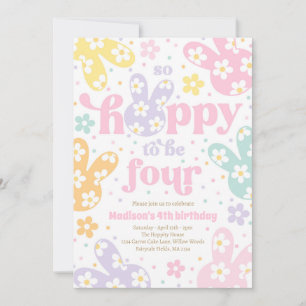 Invitation Anniversaire 4 ans Lapin Daisy Floral Pastel Print